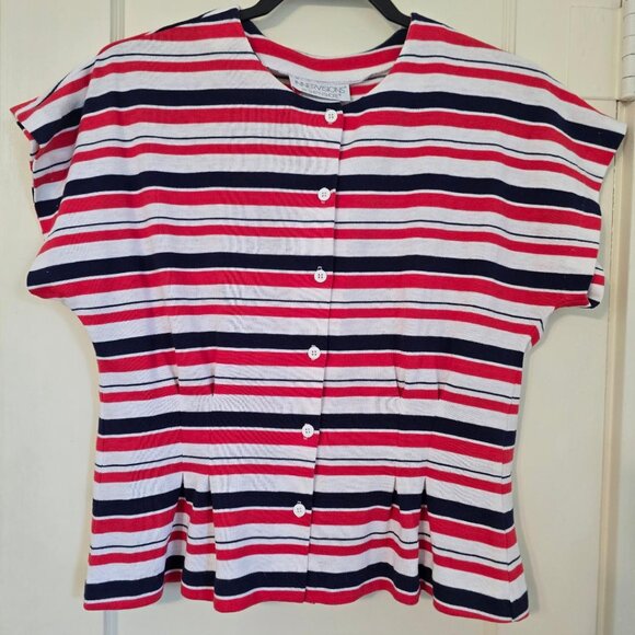 Innervisions 6 Vintage Nautical Red Black White Button Down Crew Neck Capped Top - Picture 1 of 4